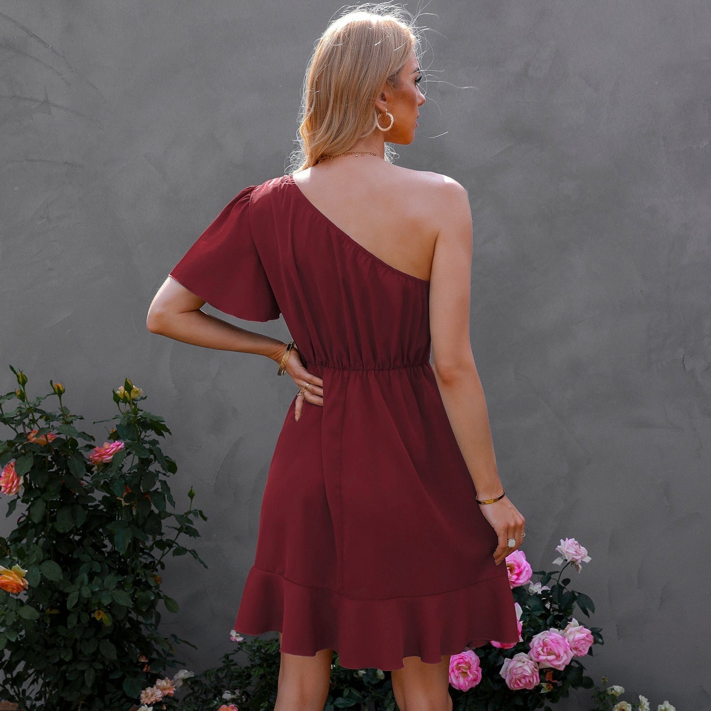Kaine Satin One Shoulder Ruffle Dress Red FINAL