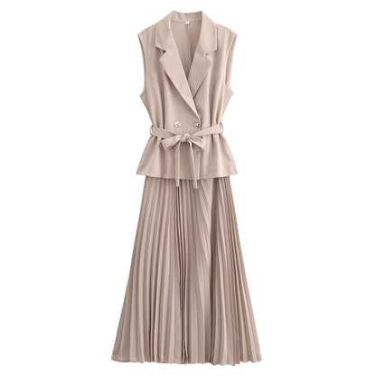 Double-Breasted Belted Vest And Dress Set