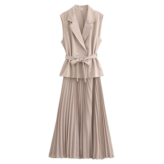 Double-Breasted Belted Vest And Dress Set
