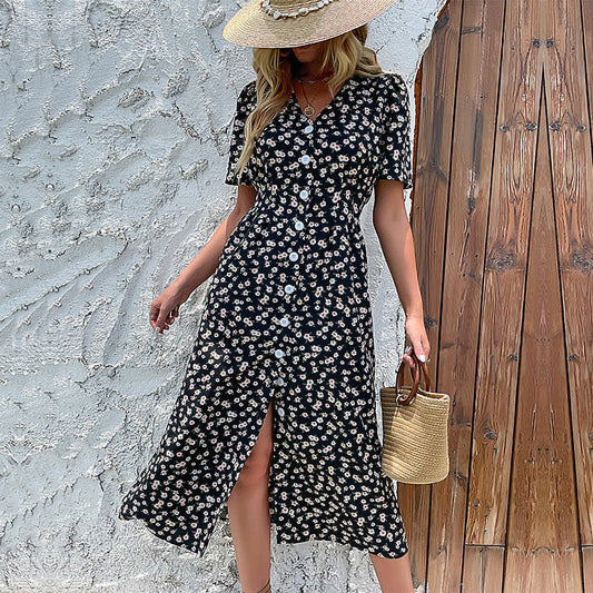Octavia Palm Print Button Down Shirt Dress Black Multi