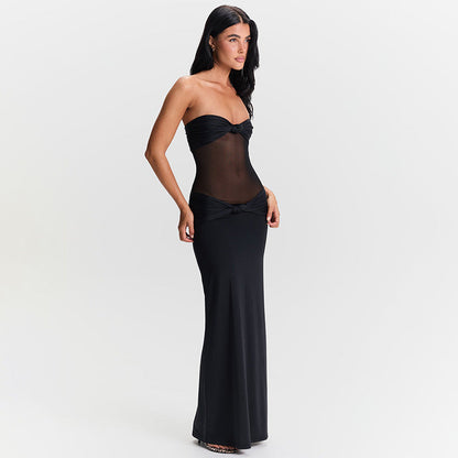 Detachable Shoulder Strap Twist Mesh Slim Fit Dress