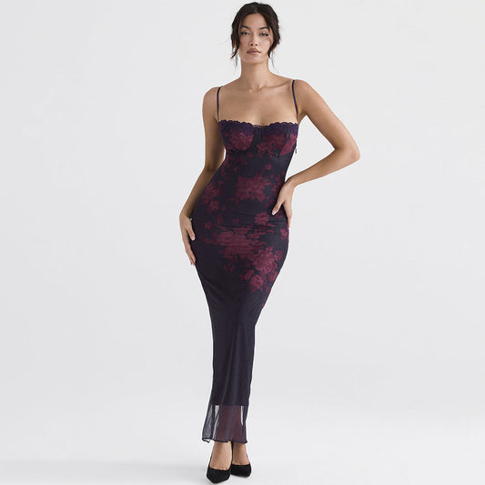 Printing Slip Slim Fit Backless Sheath Fishtail Dress Long Evening Dress