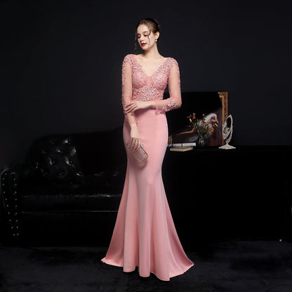 Full Craft Lace Diamond Toast Dress Bride Long Long Sleeve Appreciation Dinner Fishtail Evening Dress Formal Gown