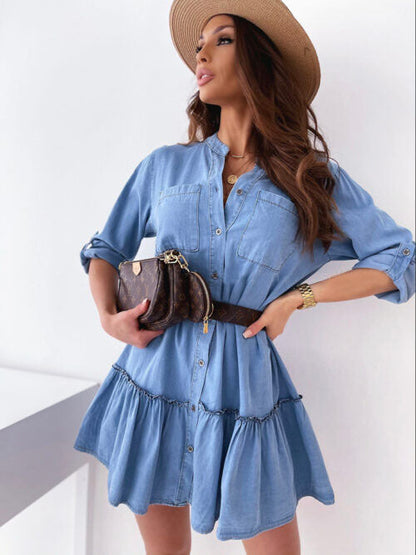 Dallas Puff Sleeve Denim Button Down Dress Medium Indigo