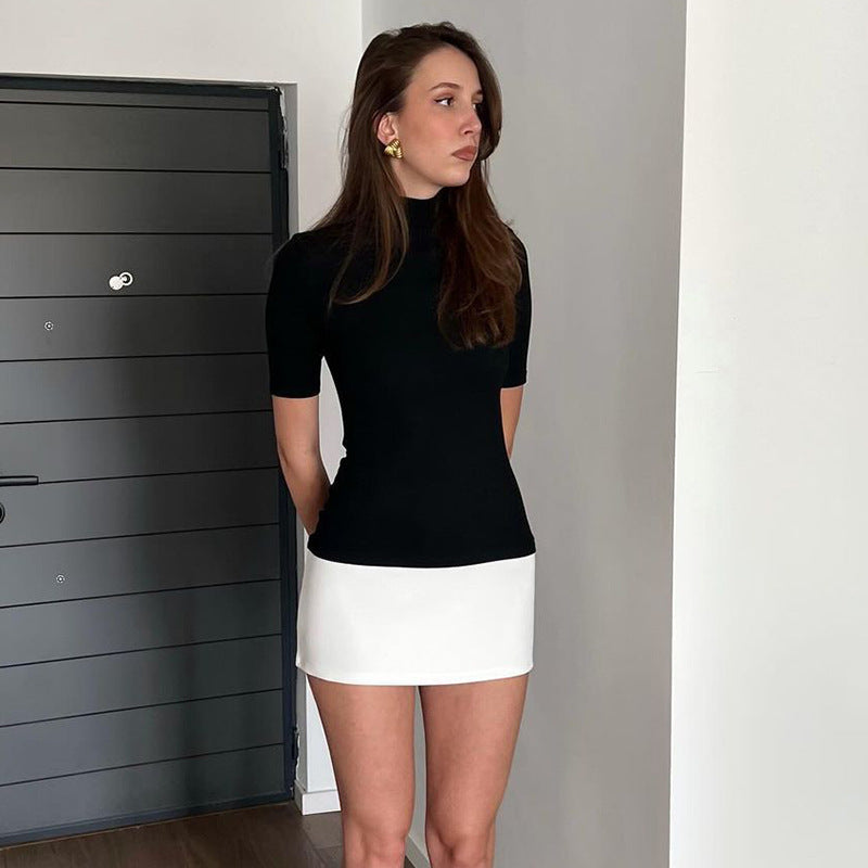 Personality Stitching Contrast Color Half Turtleneck Half Sleeve Skinny Sheath Dress