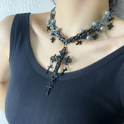 Gothic Sweet Punk Cross Tassel Pearl Hiphop Necklace