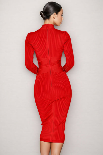 Layra Solid Colour Stand Collar Midi Dress-Red