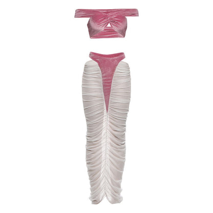 Autumn Winter Sexy Tube Top High Waist Stitching See through Skirt Set