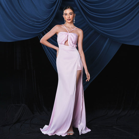 Sleeveless Elegant off - Neck Halter Long Slit Cocktail Evening Dress Bridesmaid Dress
