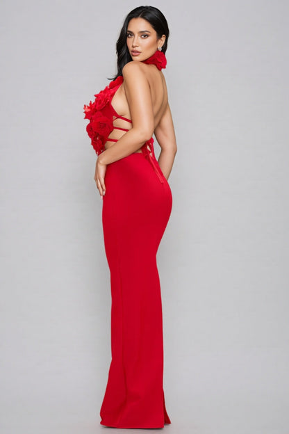 Toven Backless Red Floral Maxi Dress
