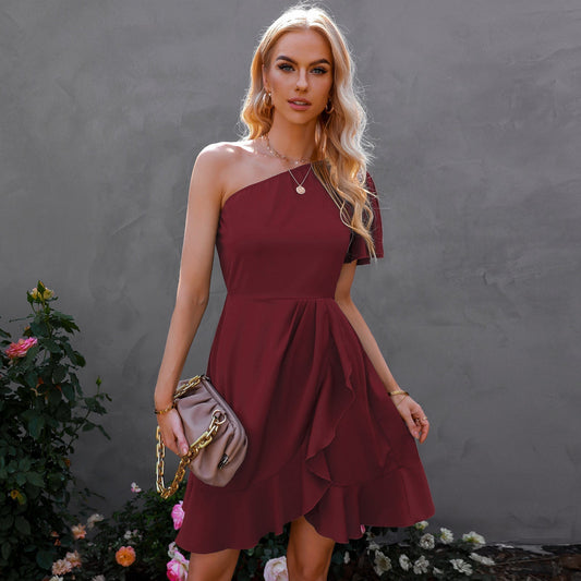 Kaine Satin One Shoulder Ruffle Dress Red FINAL