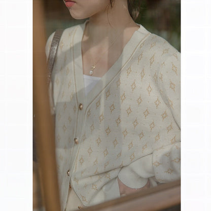 Black Jacquard-Knit V-Neck Button-Up Cardigan