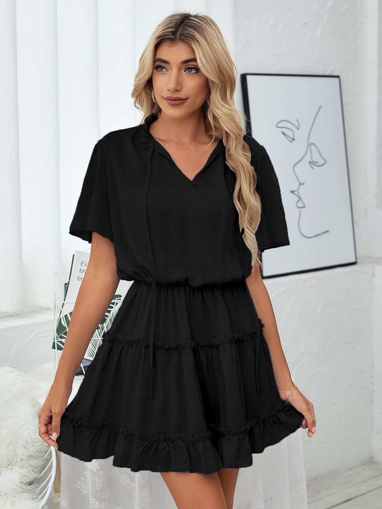 Slow It Down Smocked Tassel Dress Black