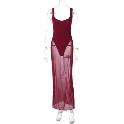 Fashionable Elegant Slim Fit Long Stitching Tulle Side Sling Dress
