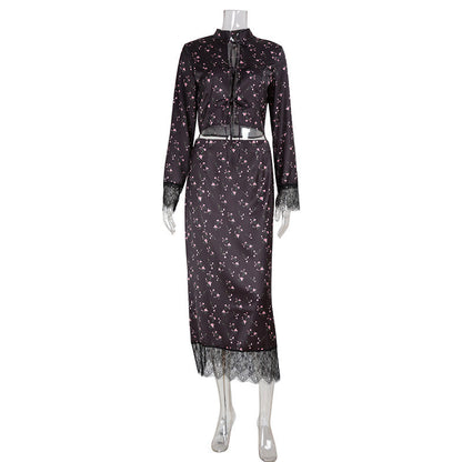 Autumn Slim Fit Slimming Sexy Floral Printed Long Sleeved Top Skirt Two Piece Sets