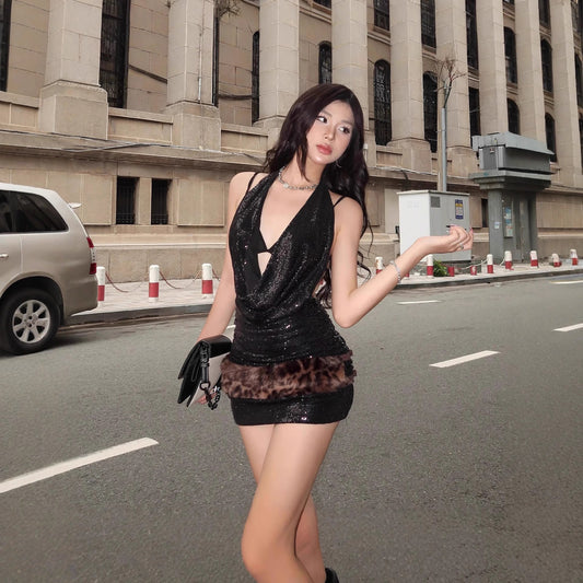 Autumn Sexy Swing Collar Sequined Inner Suspender Halter Skirt Set for Women