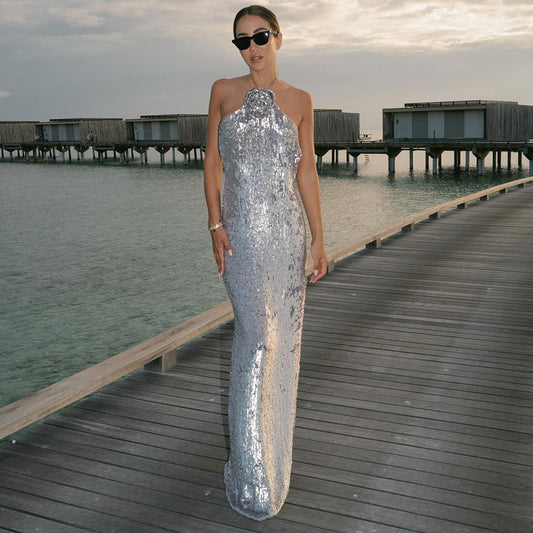 Silver Paillette Dress High Grade Light Luxury Evening Dress Bride Toast Dress Backless