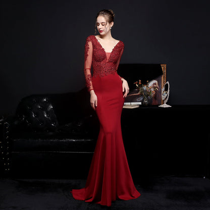 Full Craft Lace Diamond Toast Dress Bride Long Long Sleeve Appreciation Dinner Fishtail Evening Dress Formal Gown