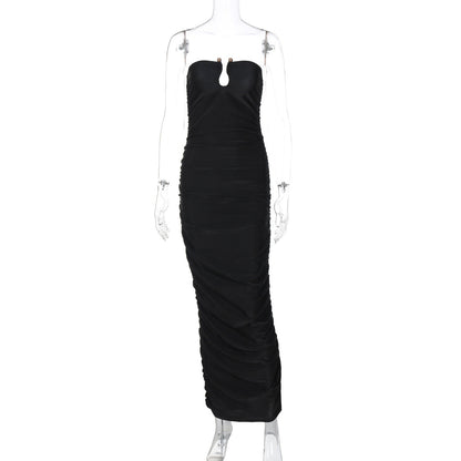 V neck Back Slim Pleated Solid Color Dress
