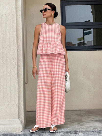 Casual round Neck Sleeveless Ruffles Top with Swing High Waist Straight Leg Pants