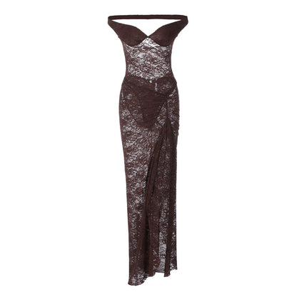 Autumn Sexy Stitching Ring Shoulder Backless Bodysuit See through Lace Split Long Skirt Set for Women