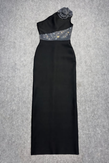 Xoelk Backless Rhinestone 3D Flower Maxi Dress