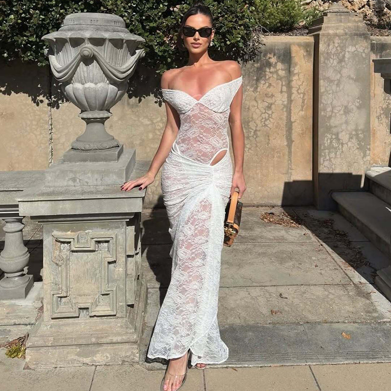 Autumn Sexy Stitching Ring Shoulder Backless Bodysuit See through Lace Split Long Skirt Set for Women