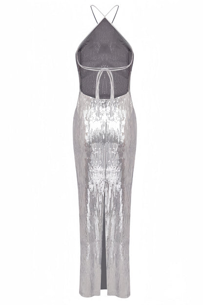Soraya Silver Sequin 3D Floral Maxi Dress