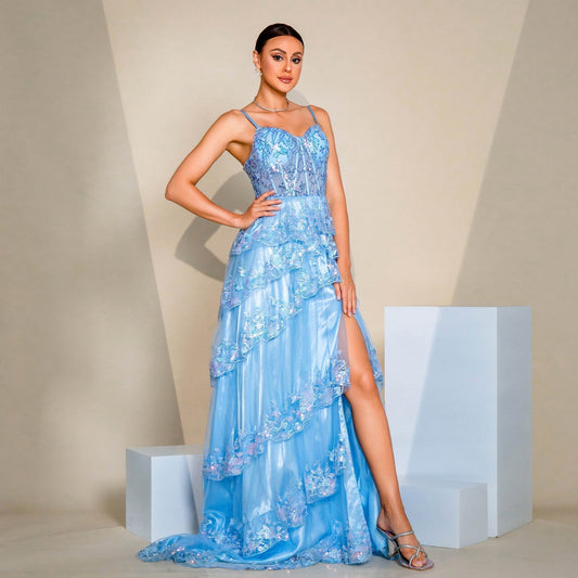 High End Suspenders Long Sequined Cocktail Large Swing Evening Dress Bridesmaid