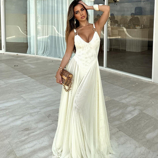 Slim V neck Backless Strap Mesh Dress