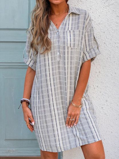Hayden Linen Blend Striped Button Down Dress Off White Black