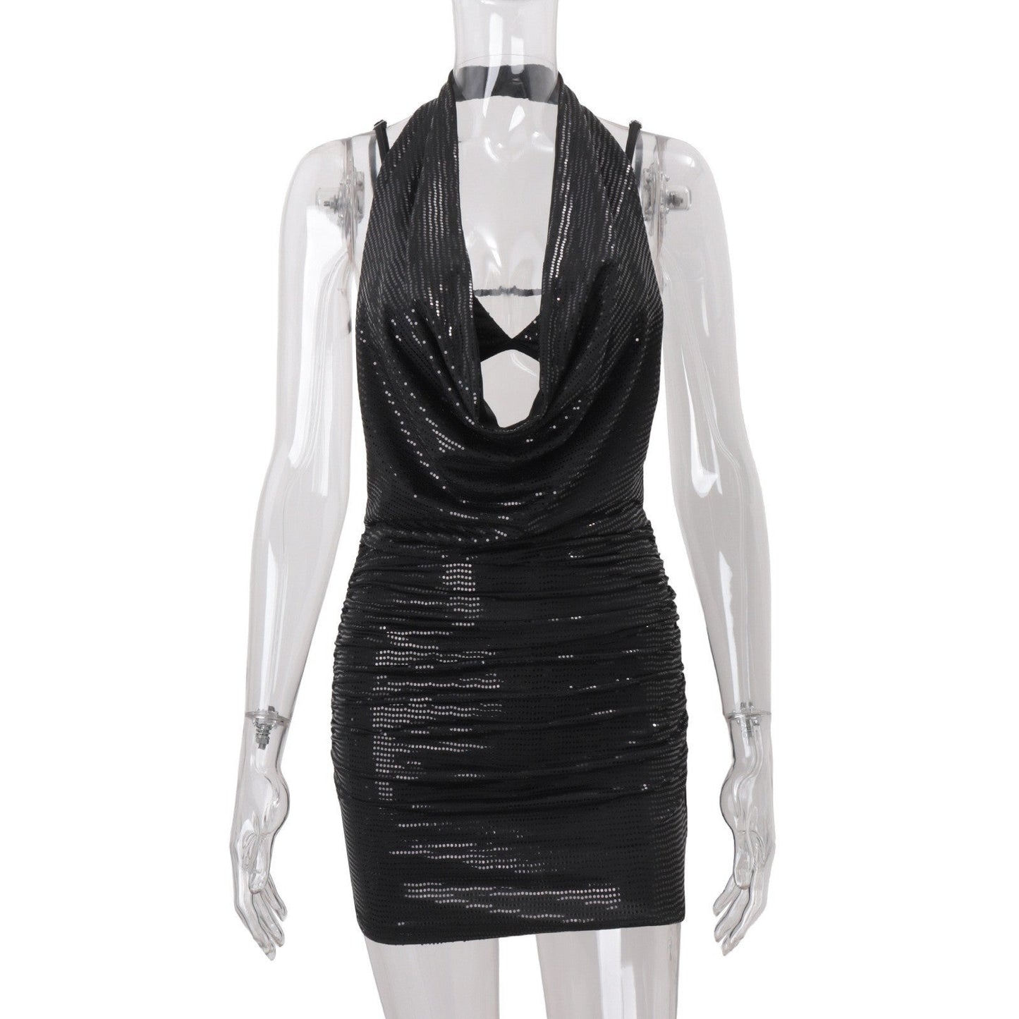 Autumn Sexy Swing Collar Sequined Inner Suspender Halter Skirt Set for Women