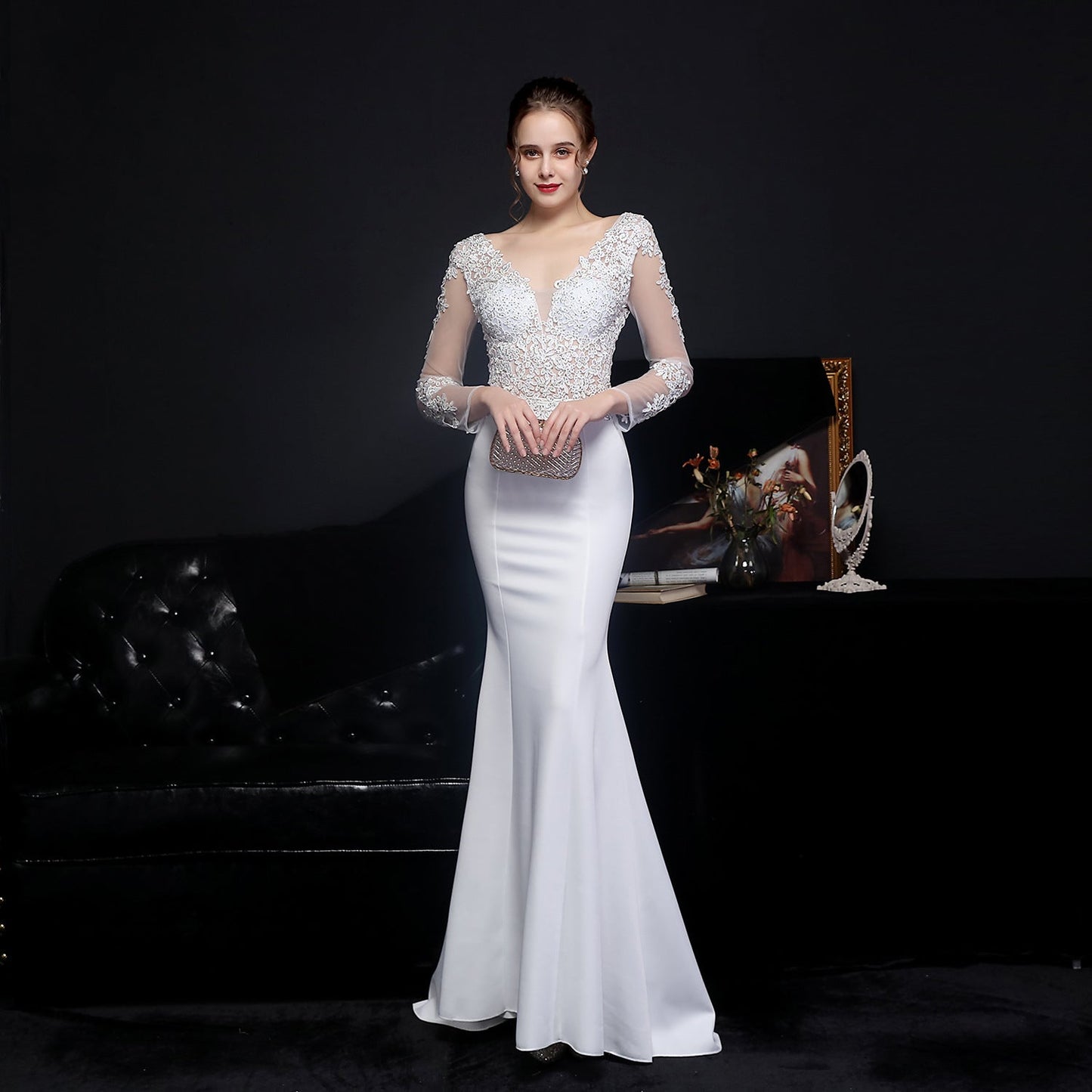 Full Craft Lace Diamond Toast Dress Bride Long Long Sleeve Appreciation Dinner Fishtail Evening Dress Formal Gown