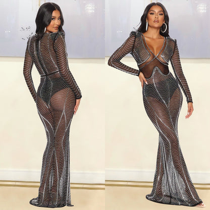 Magaly Aesthetic Women's Evening Dress Made of Mesh with Rhinestone Decorations Designer Edit