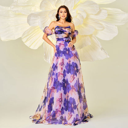 Slim fit waist printed evening dress