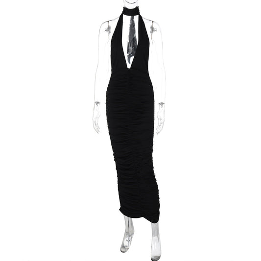Solid Color Deep V Plunge neck Halter Backless Slim Fit Dress