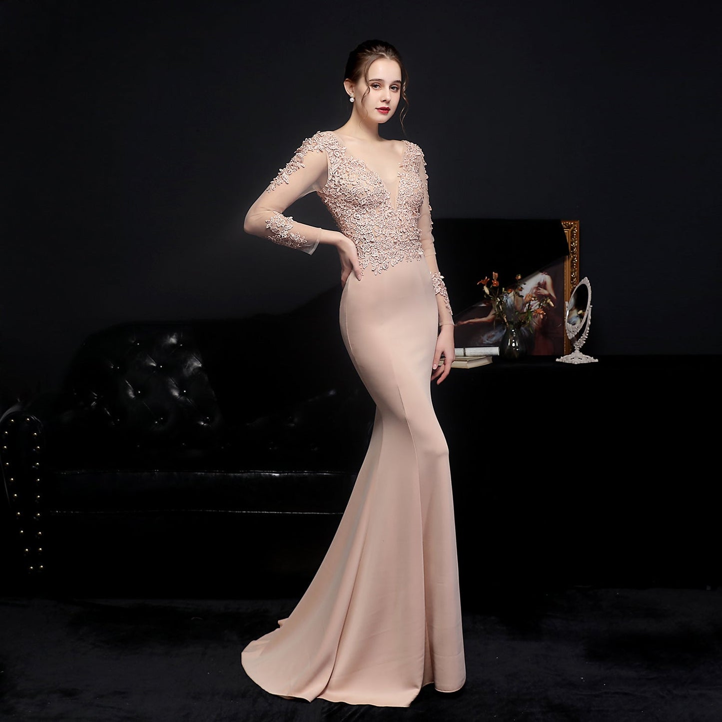 Full Craft Lace Diamond Toast Dress Bride Long Long Sleeve Appreciation Dinner Fishtail Evening Dress Formal Gown