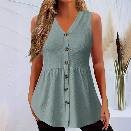 Rocío Effortless Women's Sleeveless Blouse Dress with Curved Hem and Button Details Premium Wardrobe Essential