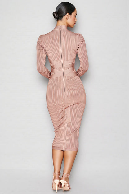Layra Solid Colour Stand Collar Midi Dress-Brown