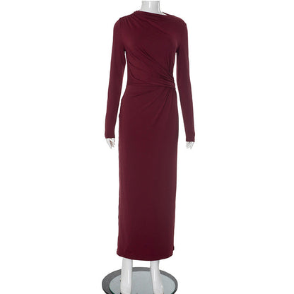 Solid Color Waist Tight Pleated Long Sleeve Intellectual Elegant Dress