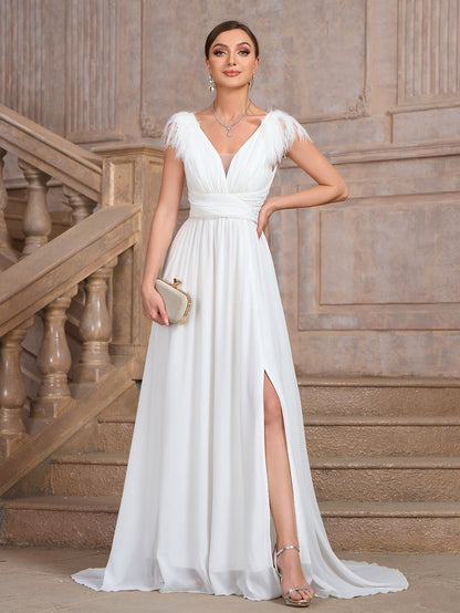 Solid Color V neck Backless Velvet Collar Chiffon Split Elegant Slim Fit Cocktail Evening Dresses