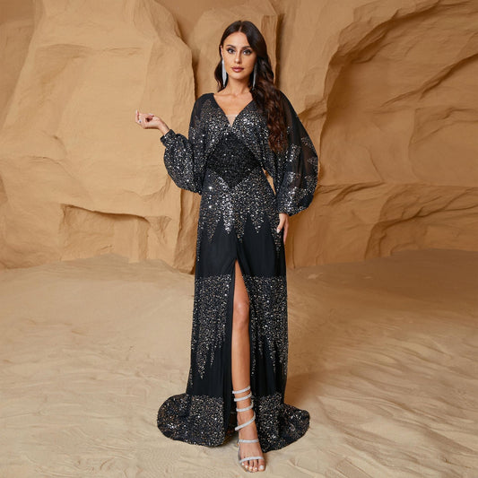 French Maxi Dress Long Sleeve Sequined Evening Dress Chiffon V neck Split Waist Fitted