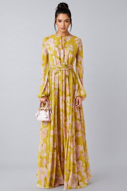 Giselle Floral Lace Up Puff Sleeve Maxi Dress
