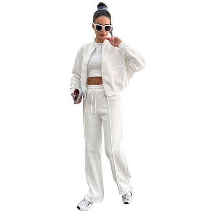 Autumn Winter Solid Color with Fur Zipper Cardigan Women Clothes Casual Straight Pants Two Piece Sets