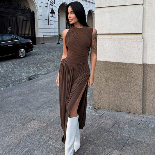 Solid Color round Neck Sleeveless Waist Tight Pleated Backless Elegant Dress