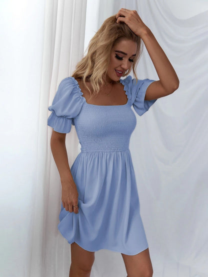 Leroy Linen Blend Puff Sleeve Babydoll Dress Aqua
