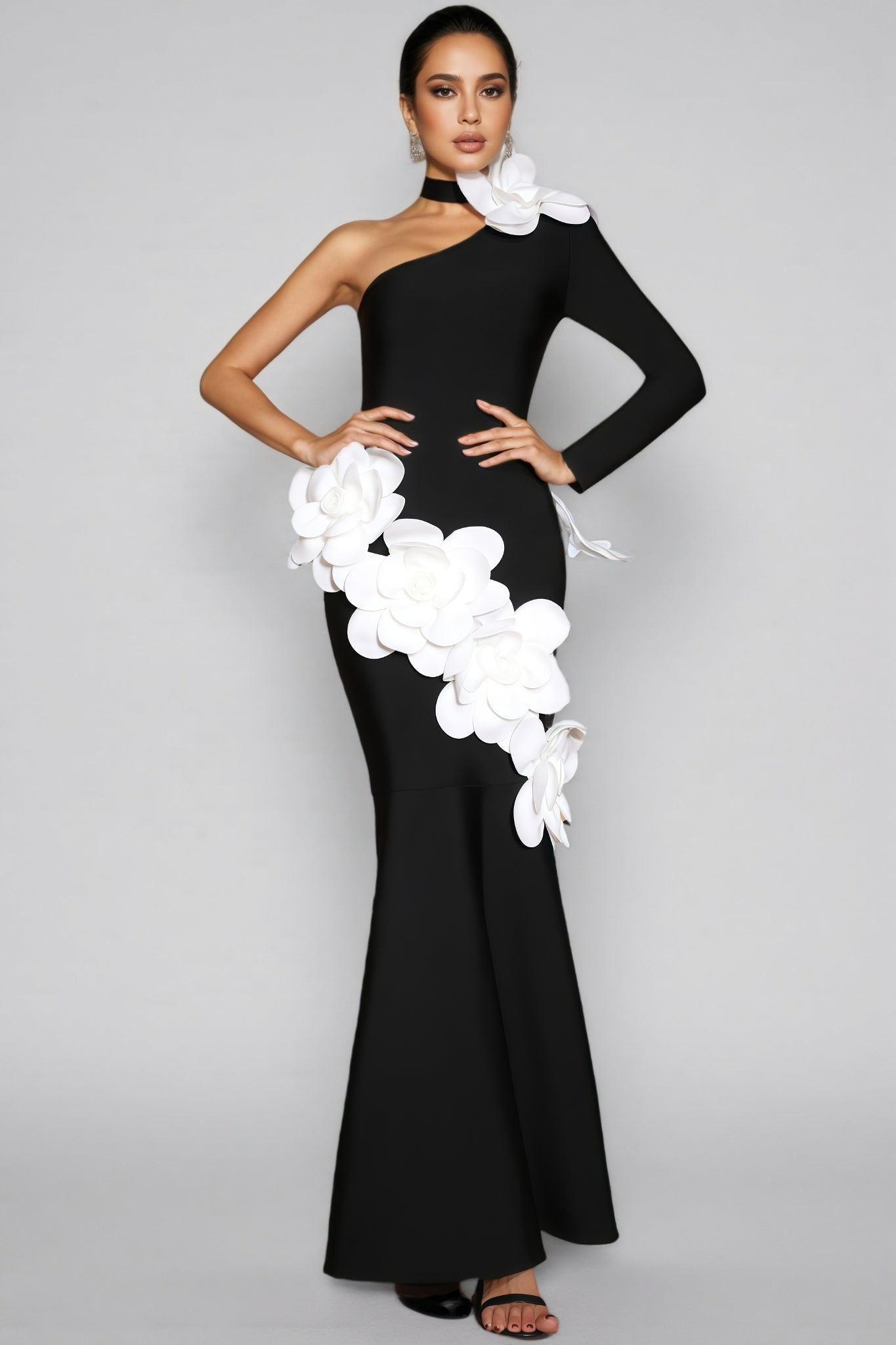 Zellk One Shoulder 3D Floral Bandage Maxi Dress