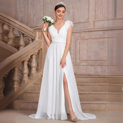 Solid Color V neck Backless Velvet Collar Chiffon Split Elegant Slim Fit Cocktail Evening Dresses