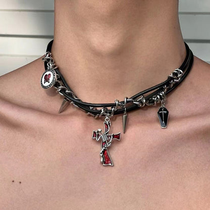 Hiphop Dark Cross Rivet Triple Leather Necklace