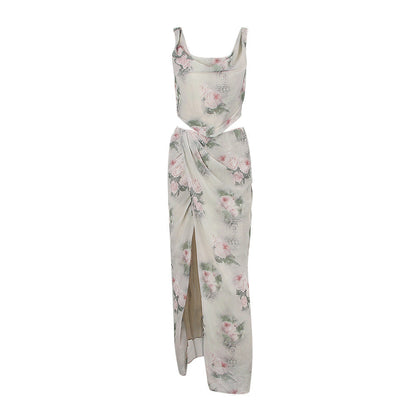 Chiffon Printed Spaghetti Straps Cropped Top Skirt Split Dress Two Piece Sets